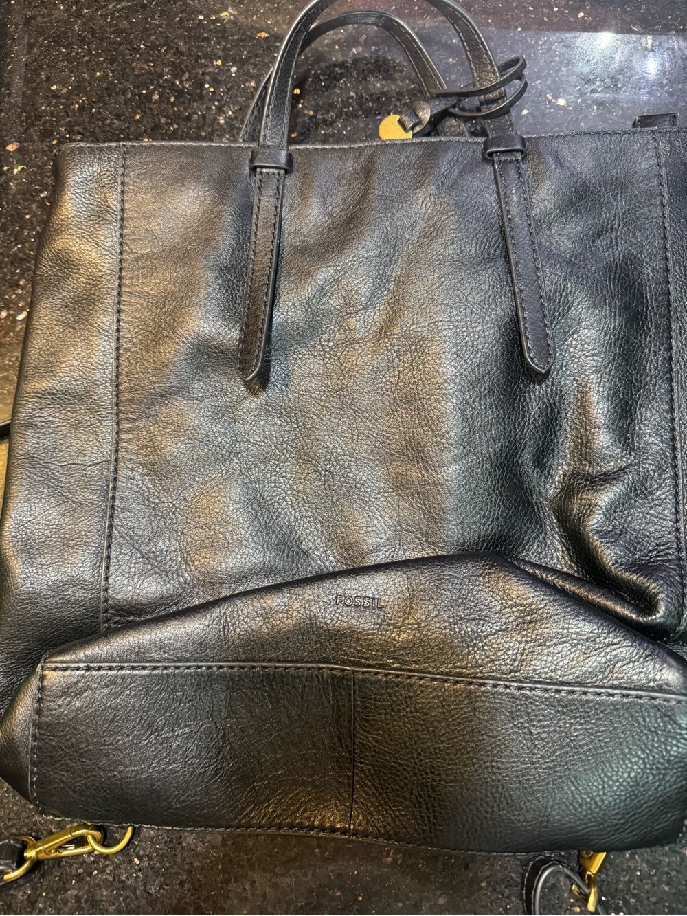 Fossil Black Leather Tote with Gold Hardware Accents